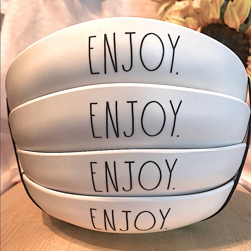 Rae Dunn White Black Enjoy Bowl Set Enchante Collection NWT